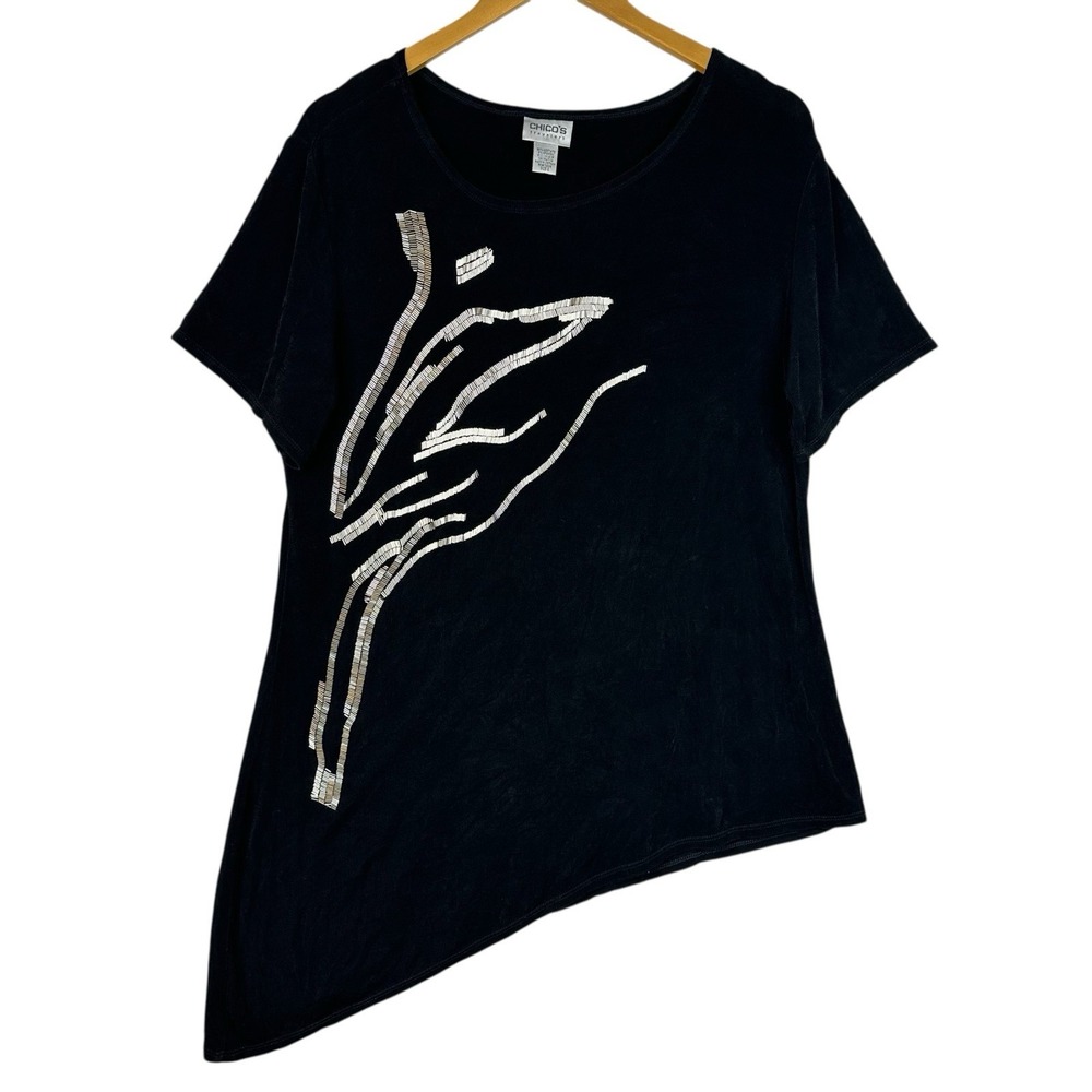 Chico's Travelers Black Beaded Asymmetrical Hem Top Women 2 (L /12) Short Sleeve
